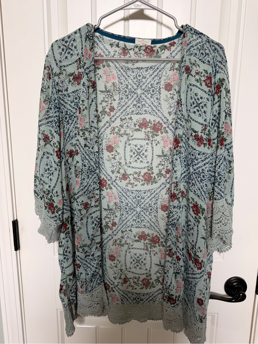 Mason & Belle Floral Lace-Trim Open Kimono - Sage Green with Pink Roses